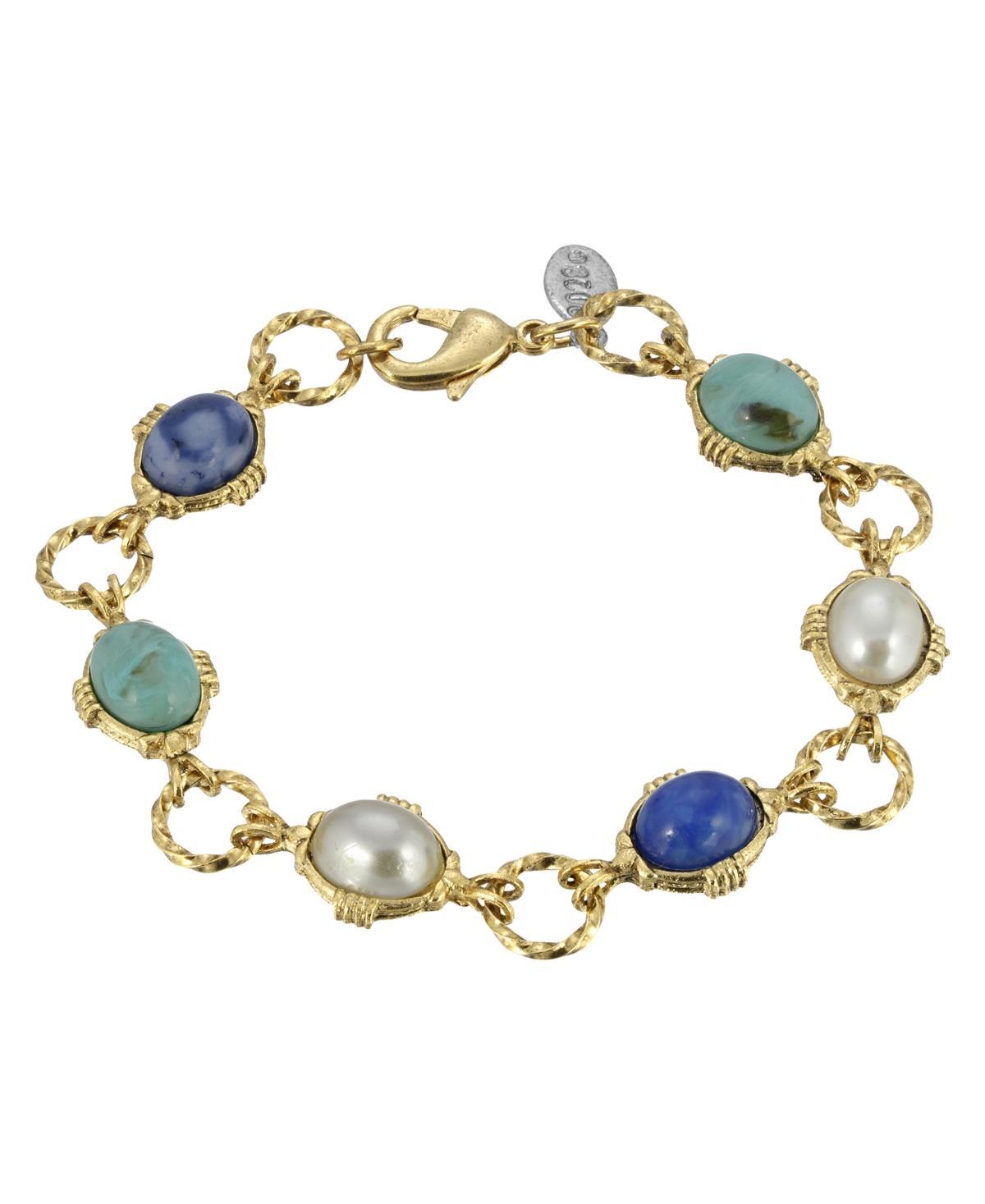 1928 Gold Tone Simulated Pearl & Blue Stone Link Bracelet, Womens Product Image