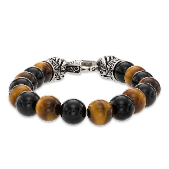 Men's Tiger's Eye and Onyx Bead Stainless Steel Stretch Bracelet - 8.5" Product Image