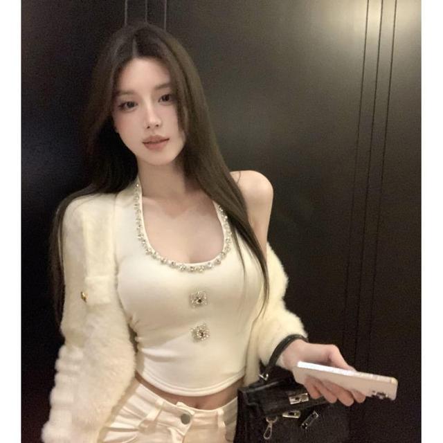 Halter Plain Rhinestone Crop Top / Fluffy Cardigan Product Image