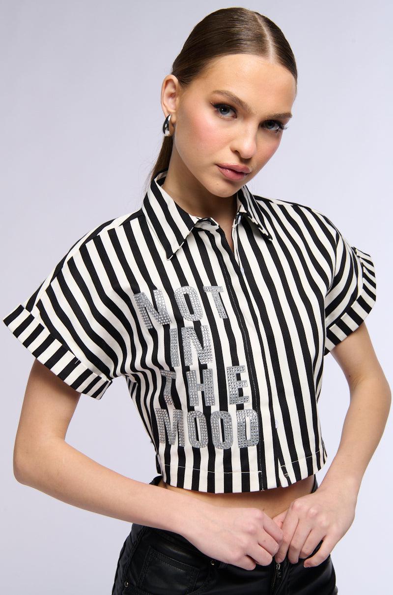 NOT IN THE MOOD STRIPED BUTTON DOWN CROP BLOUSE Product Image