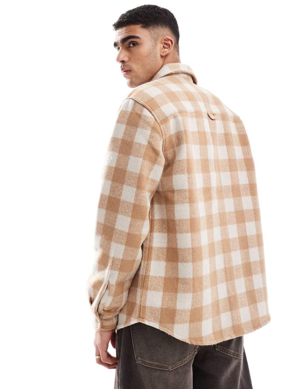 Jack & Jones heavy brushed check overshirt in beige  Product Image