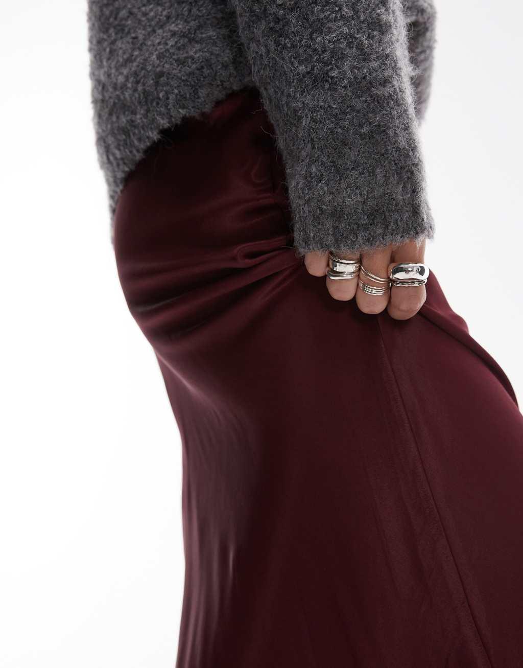 Topshop satin bias midi skirt in burgundy Product Image