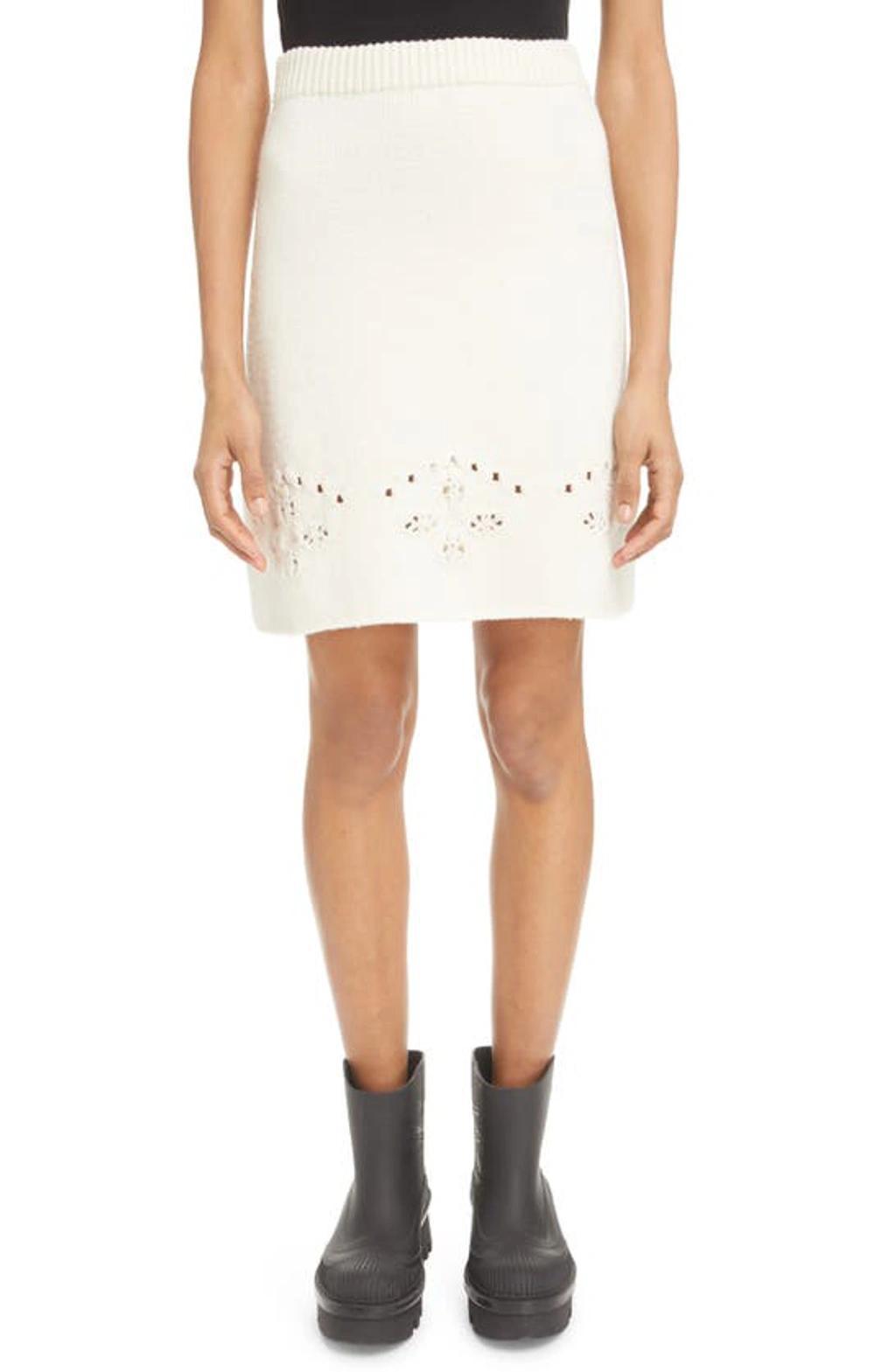 White A-line Knit Mini-skirt With Perforated Motifs In Wool Woman In Iconic Milk Product Image