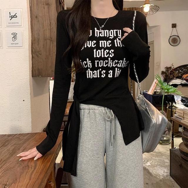 Long-Sleeve Letter Print Drawstring Tee Product Image