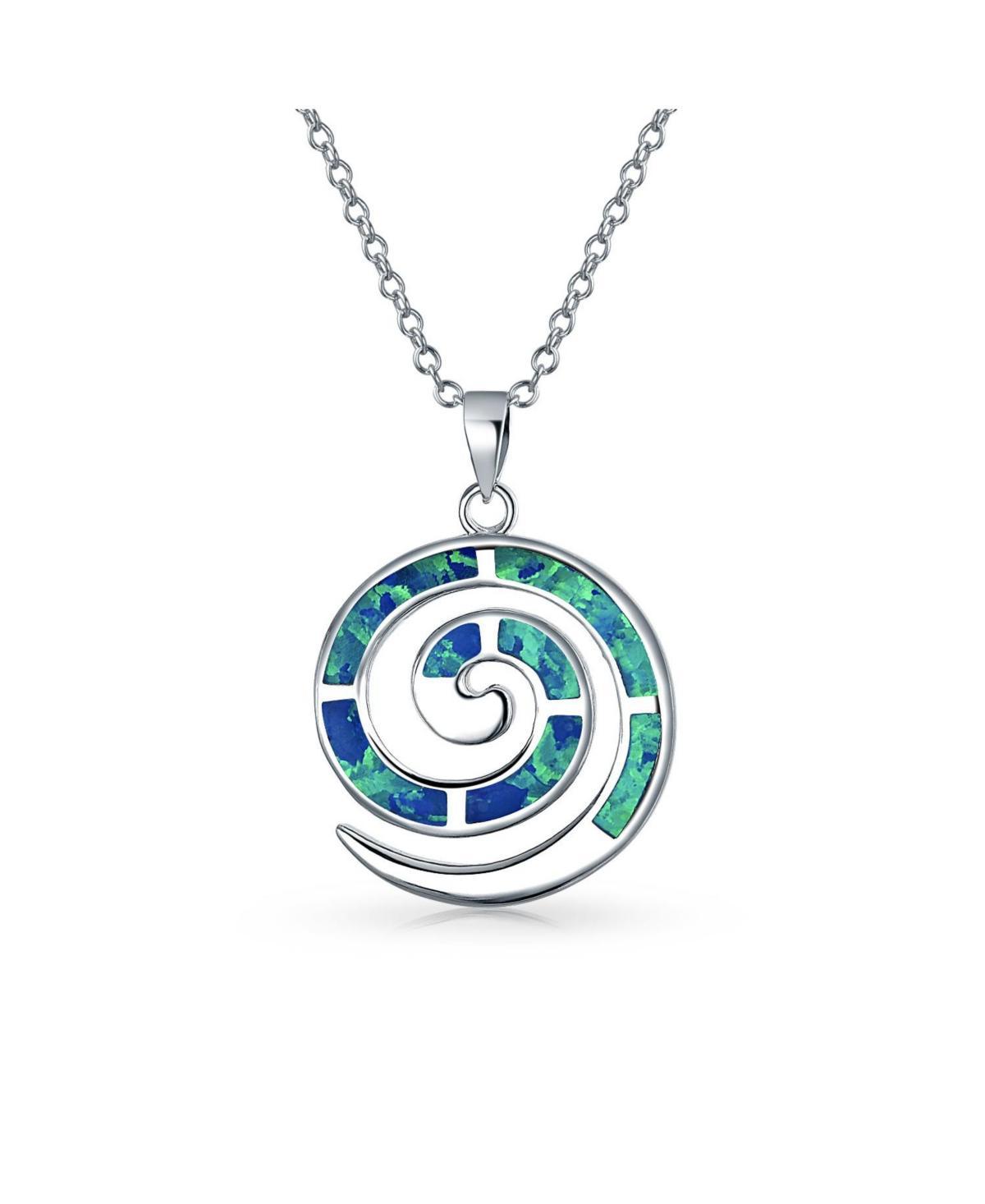 Bling Jewelry Round Blue Created Opal Inlay Spiral Maze Wind Pendant Necklace For Women .925 Sterling Silver Product Image