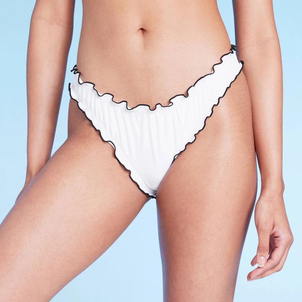 Womens Contrast Stitch Cheeky High Leg Ruffle Bikini Bottom - Wild Fable White/Blue XS Product Image