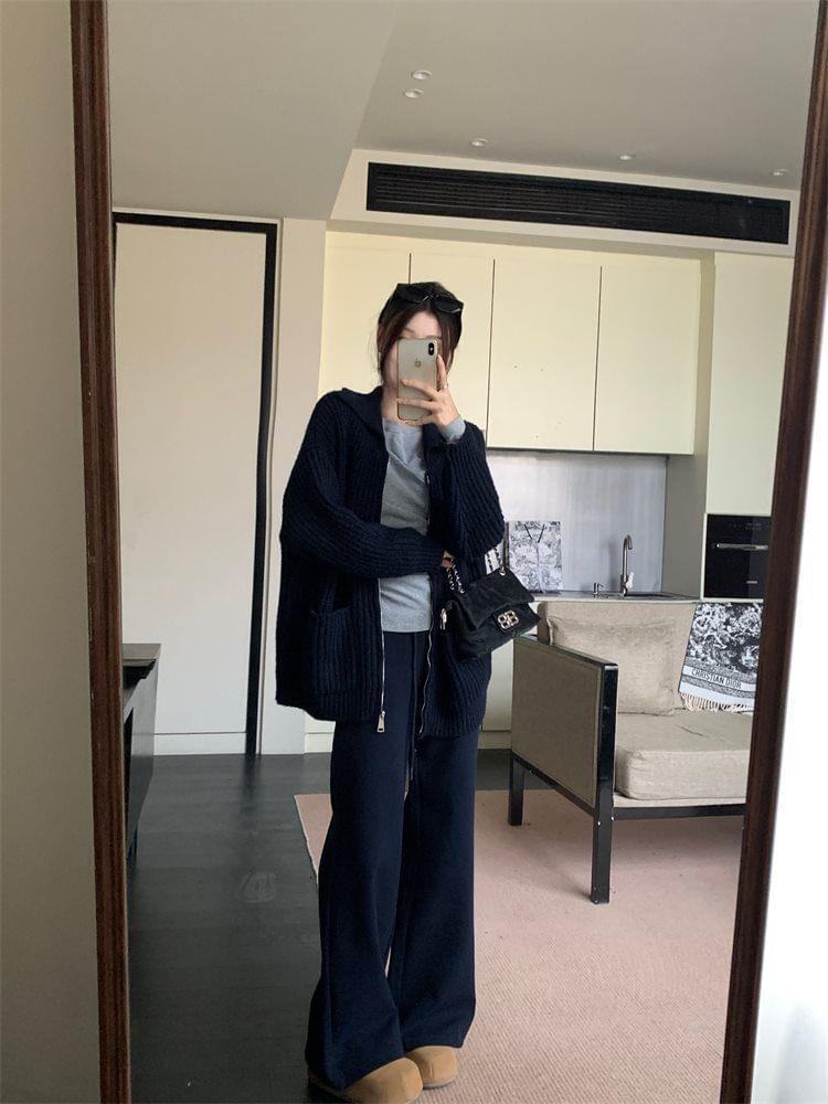 Long-Sleeve Round Neck Plain Slim Fit Tee / Ribbed Zip Cardigan / Drawstring Waist Wide Leg Pants Product Image