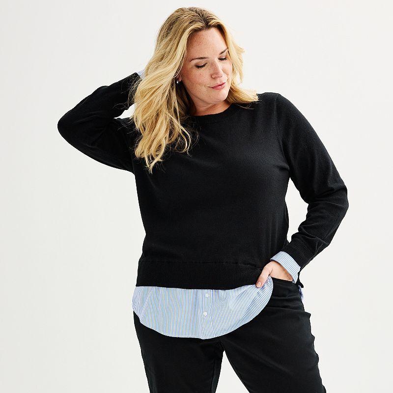 Plus Size Croft & Barrow Crewneck Twofer Sweater, Womens Product Image