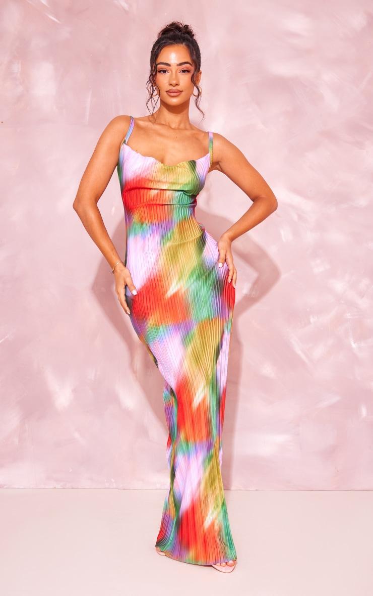 Petite Multi Printed Plisse Cowl Neck Maxi Dress Product Image