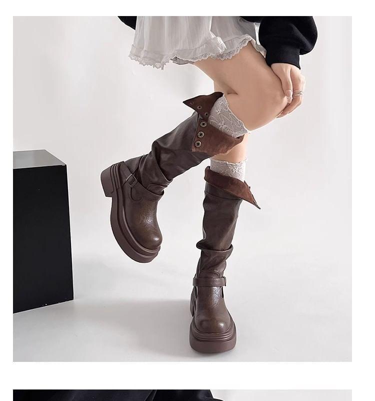 Platform Buckled Button Knee High Boots Product Image