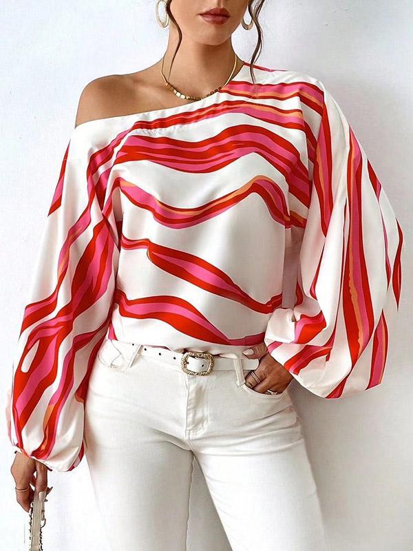 Long Sleeves Loose Asymmetric Striped One-Shoulder Blouses&Shirts Tops Product Image