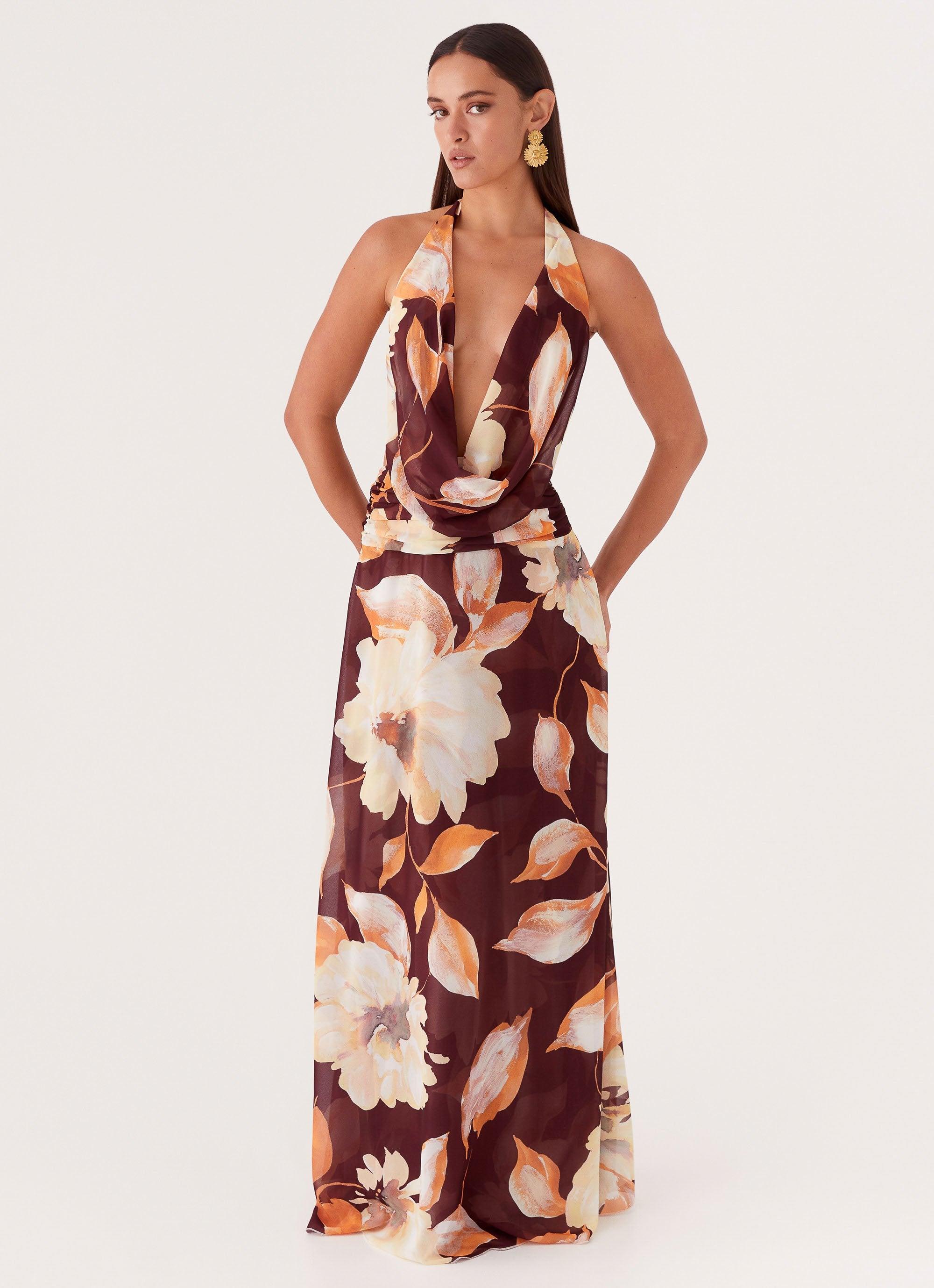 Elysia Chiffon Maxi Dress - Brown Floral Product Image