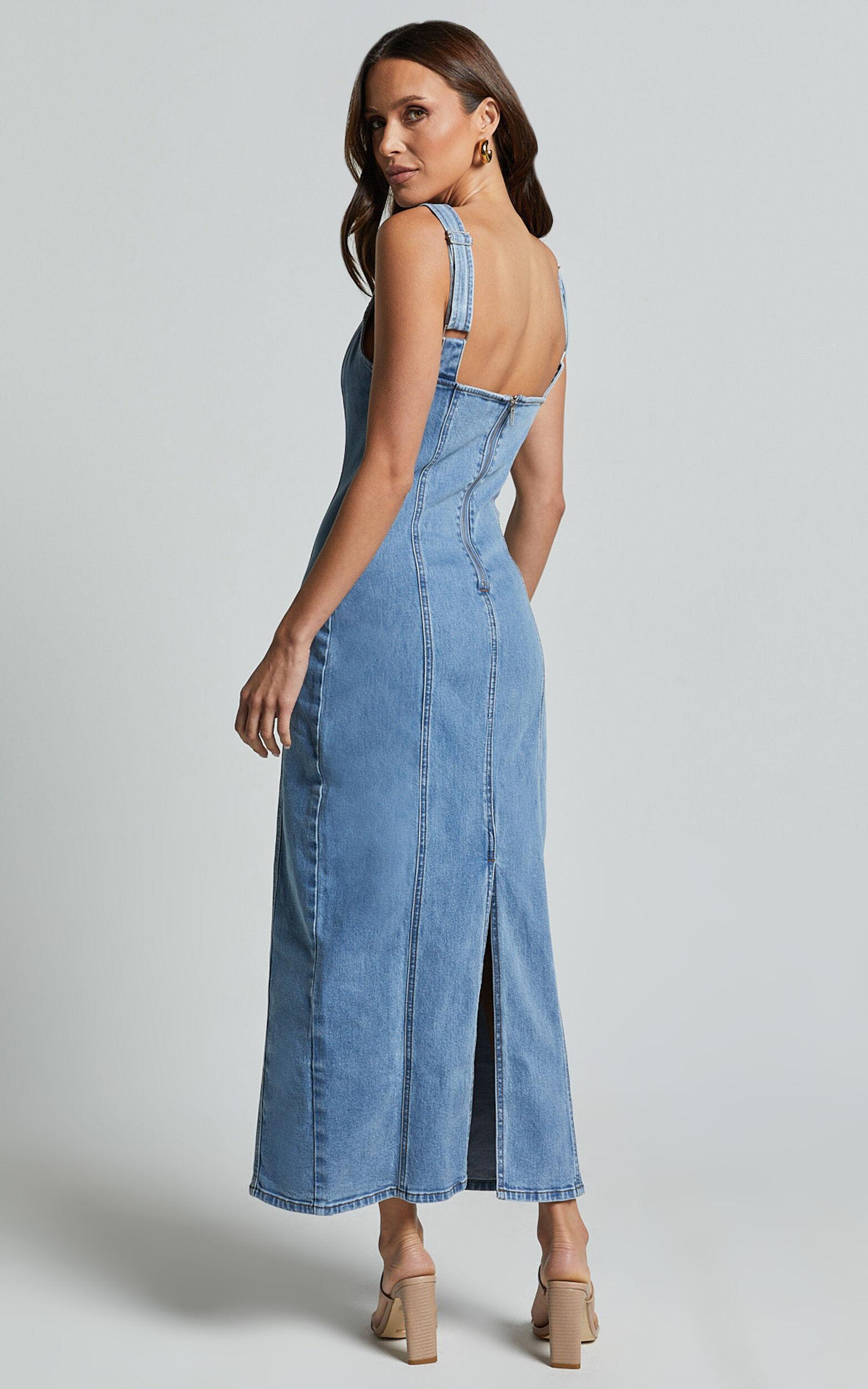 Zenith Midi Dress - Wide Strap Panel Detail Recycled Denim Dress in Mid Blue Wash Product Image