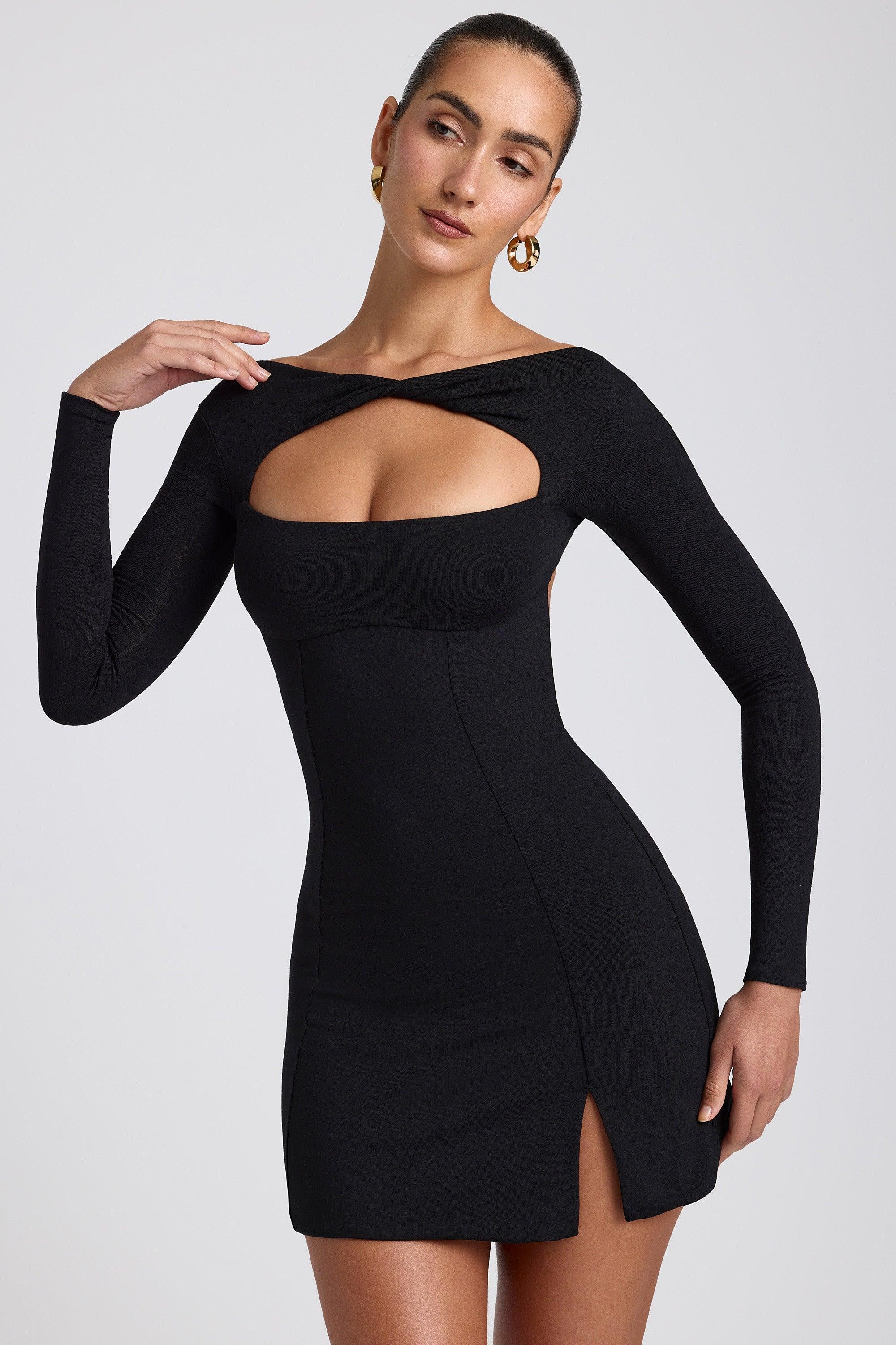 Modal Twist-Front Long-Sleeve Mini Dress in Black Female Product Image