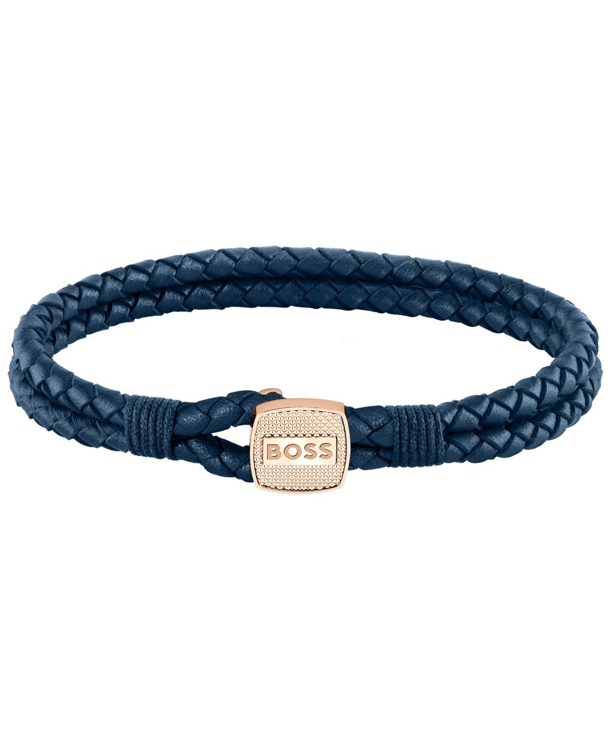 Hugo Boss Mens Seal Ionic Plated Carnation Gold Steel Blue Leather Bracelet Product Image