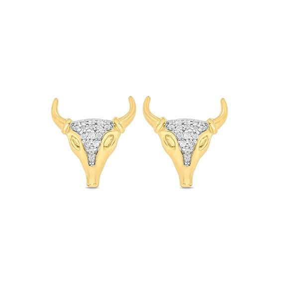 Men's 1/10 CT. T.w. Diamond Cow Skull Stud Earrings in Sterling Silver with 14K Gold Plate Product Image