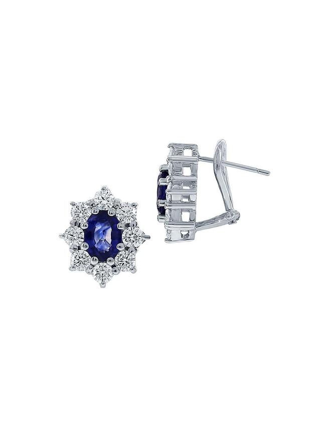 Womens 14K White Gold, Blue Sapphire & 1.32 TCW Diamond Halo Stud Earrings Product Image