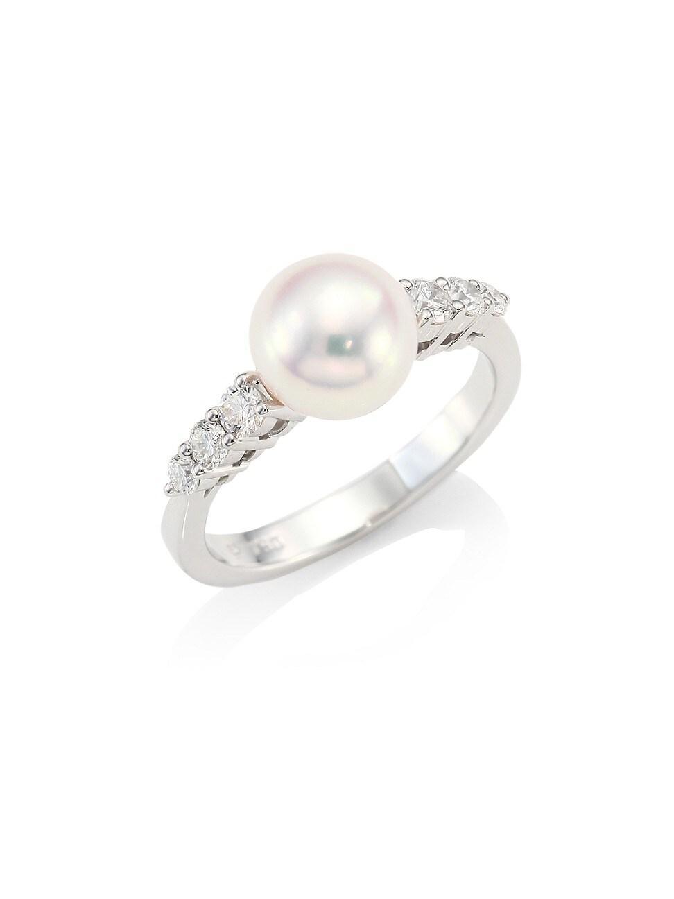 Womens Morning Dew 18K White Gold, Akoya Pearl & 0.31 TCW Diamond Ring Product Image