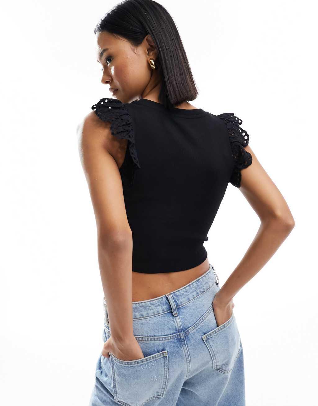 Miss Selfridge broderie frill edge T-shirt in black Product Image