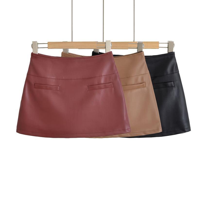 High Waist Faux Leather Mini A-Line Skirt Product Image