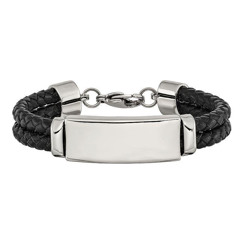 Mens Stainless Steel Black Leather ID Bracelet Product Image