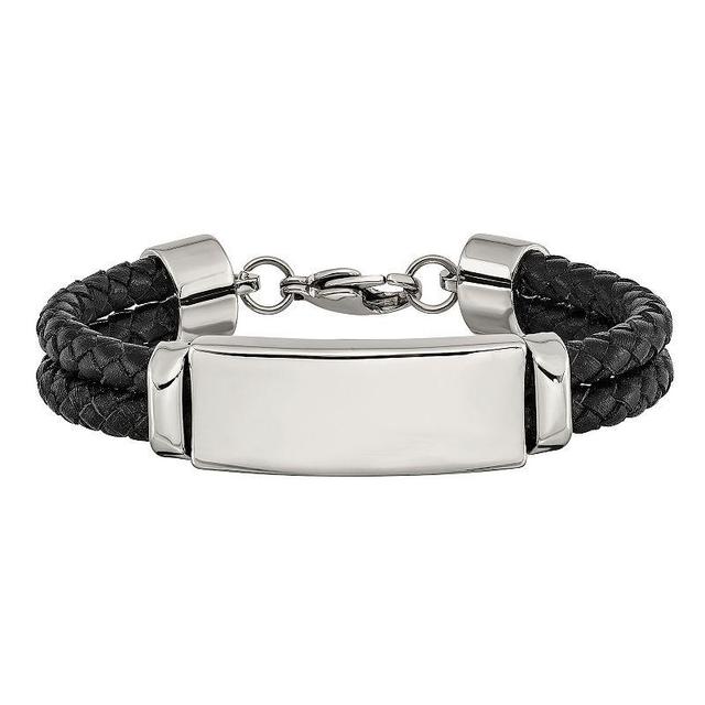 Mens Stainless Steel Black Leather ID Bracelet, Multicolor Product Image