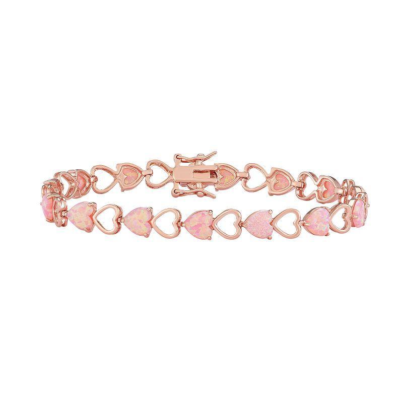 14k Rose Gold Over Silver Lab-Created Pink Opal Heart Bracelet, Womens Pink Tone Product Image