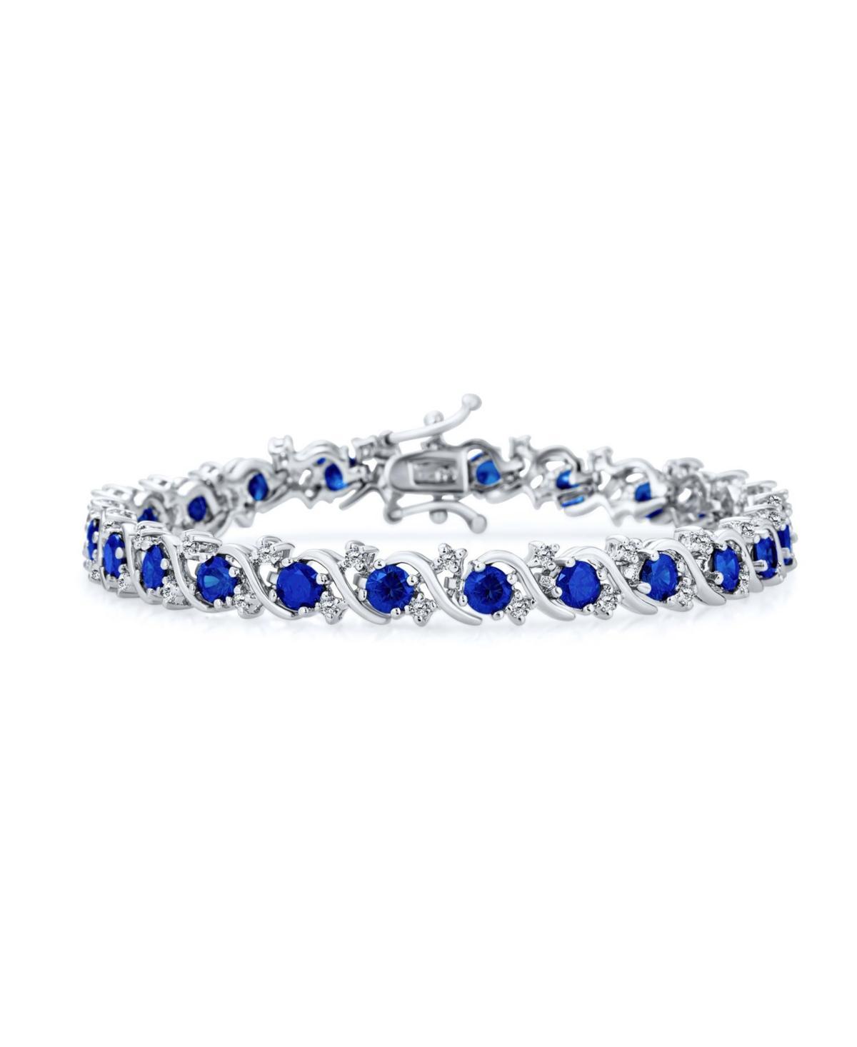 Bling Jewelry Fancy Prong Set Solitaire Round Cubic Zirconia Royal Simulated Sapphire Aaa Cz Wave Tennis Bracelet For Women Prom Bride 7 Inch - B Product Image