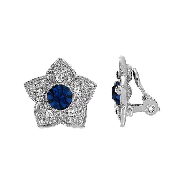 1928 Silver Tone Crystal Flower Clip-On Earrings, Womens, Blue Product Image