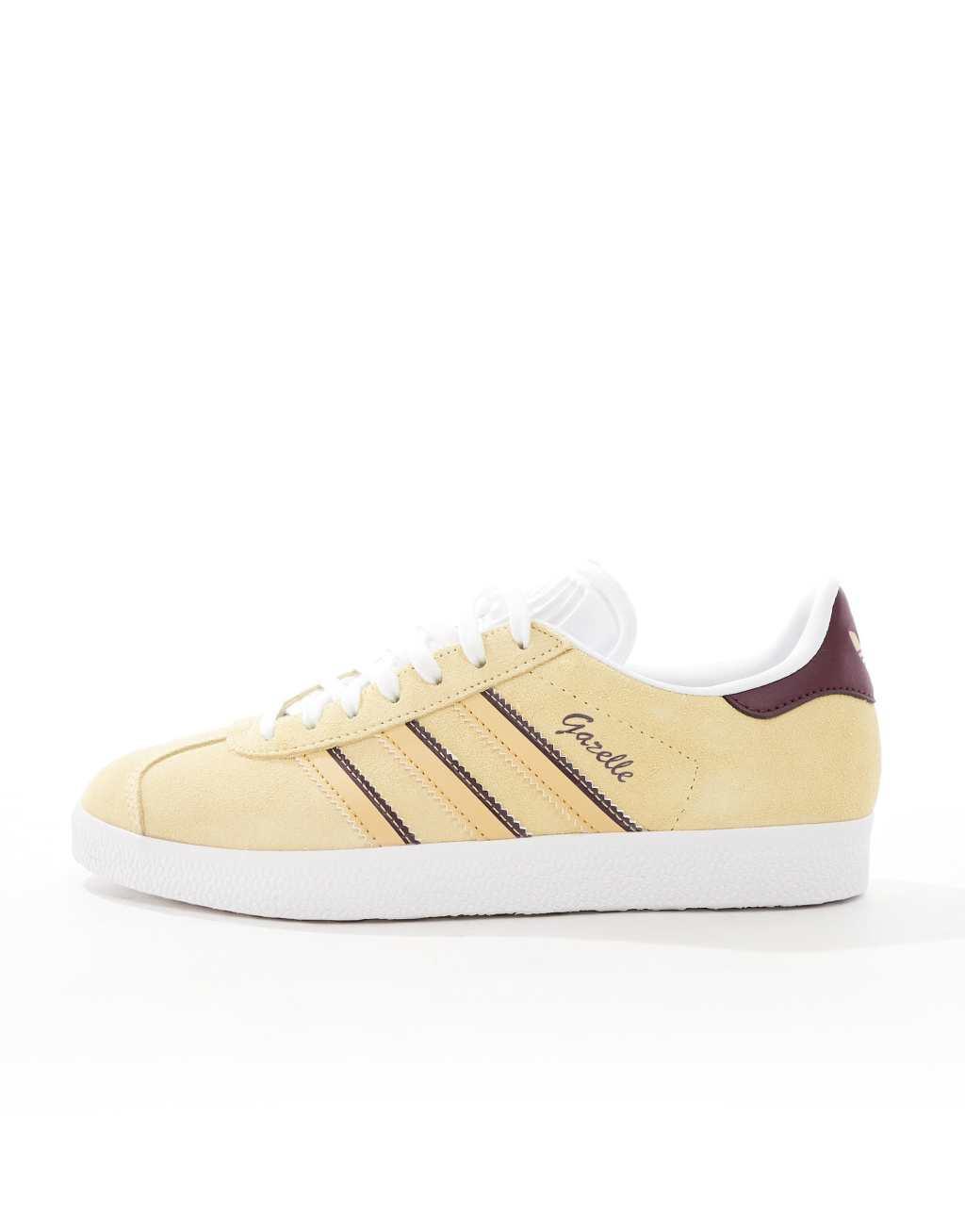 adidas Originals Gazelle sneakers in yellow and burgundy Product Image