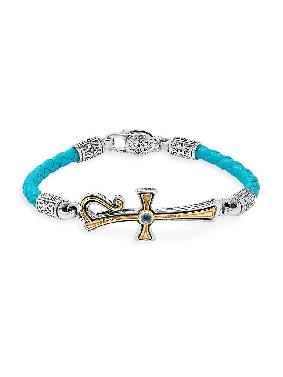 Womens Dome Sterling Silver, 18K Gold, Blue Spinel & Leather Bracelet Product Image