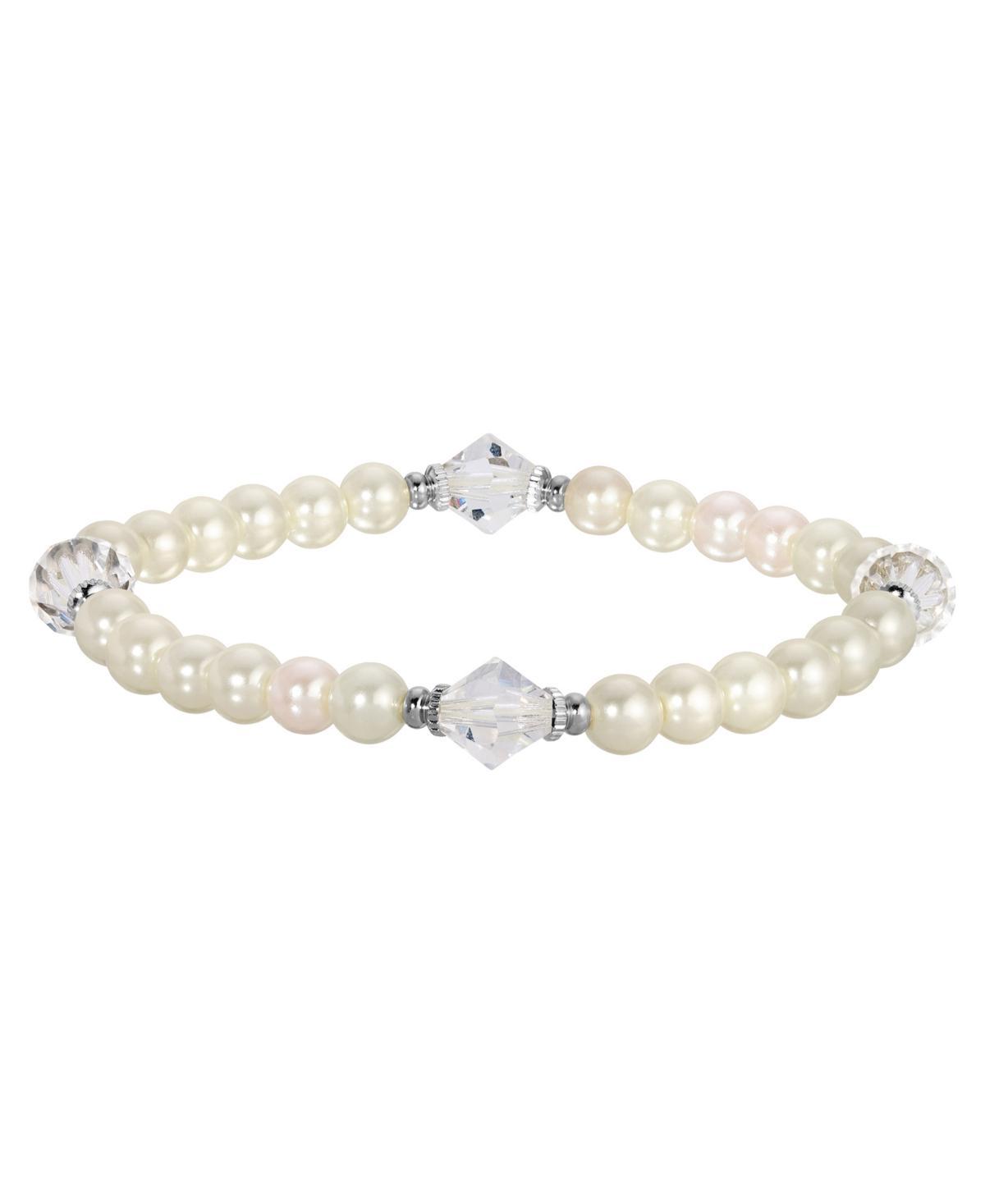 1928 Silver Tone Simulated Pearl and Lantern Bead Stretch Bracelet, Womens Product Image