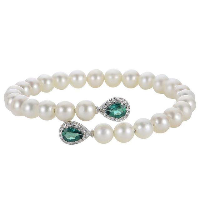 PearLustre by Imperial Sterling Silver Freshwater Cultured Pearl White Topaz & Lab-Created Emerald Cuff Bracelet, Womens Product Image