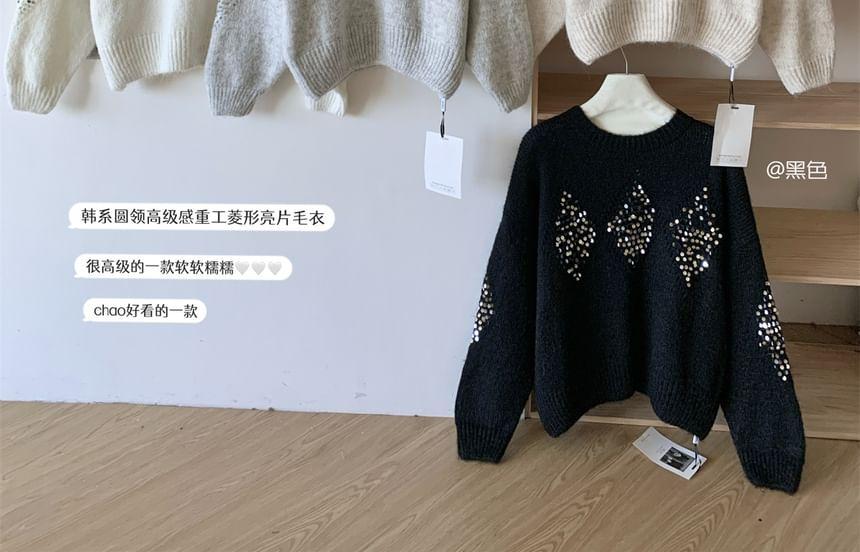 Crew Neck Rhinestone Sweater Product Image