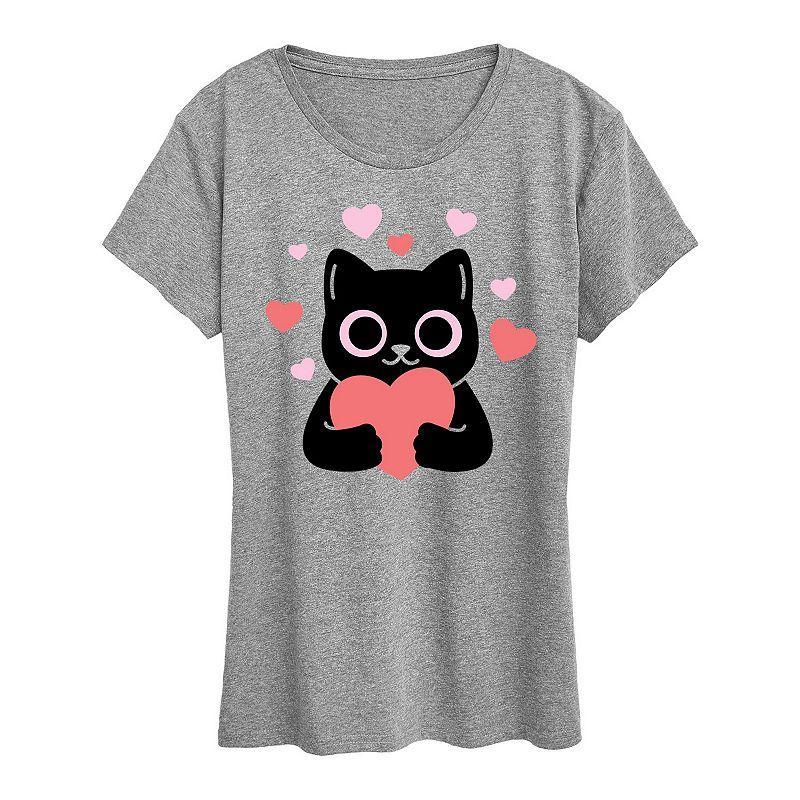 Womens Cat With Hearts Graphic Tee Grey Gray Product Image