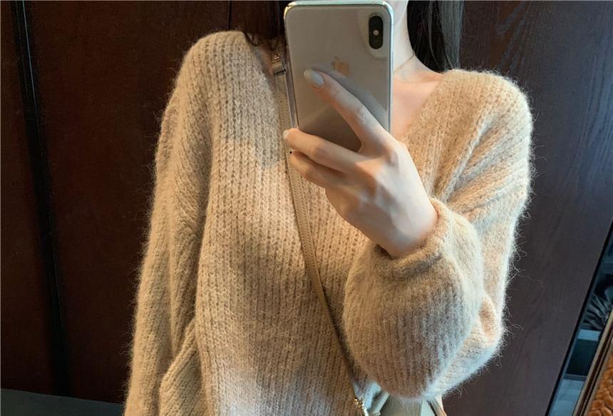 V-Neck Plain Ribbed Sweater Product Image