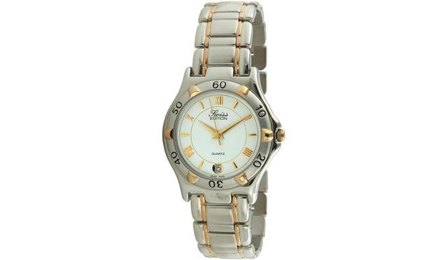 Swiss Edition Mens Bracelet Watch with Two Tone 23K Gold Plated & Silver Sport Bezel - Silver Product Image