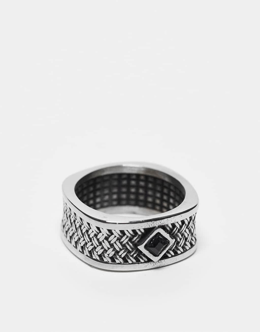 ASOS DESIGN waterproof stainless steel band ring with texture in burnished silver tone Product Image