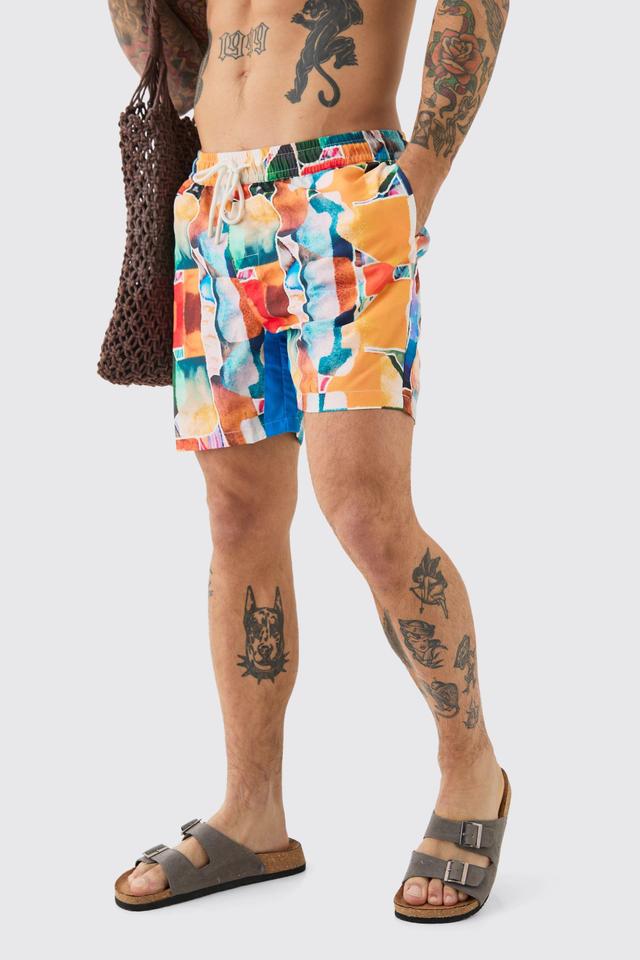 Mid Length Abstract Print Gusset Swim Short | boohooMAN USA Product Image