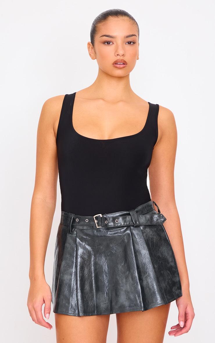 Charcoal Grey Washed Faux Leather Belted Pleated Micro Mini Skirt Product Image