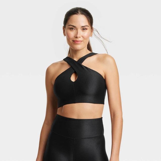 Womens Light Support Shine Ribbed Halter Longline Sports Bra - All In Motion Black M Product Image