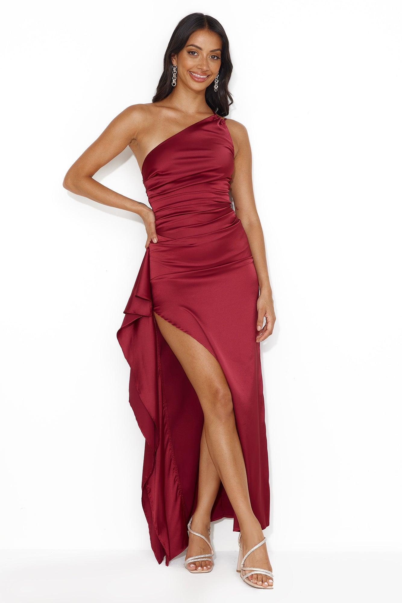 Extra Special One Shoulder Satin Maxi Dress Wine Product Image