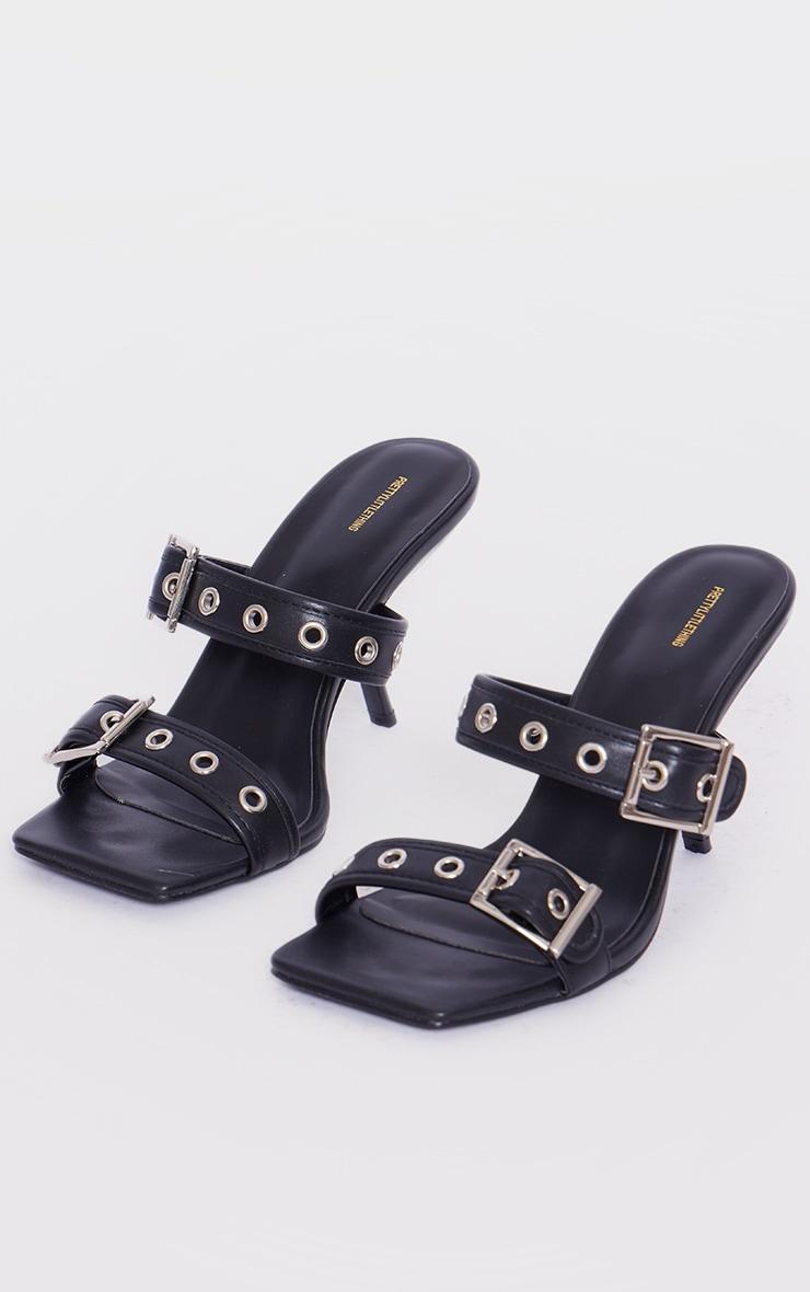 Black Faux Leather Square Toe Double Buckle Mid Heeled Mules Product Image