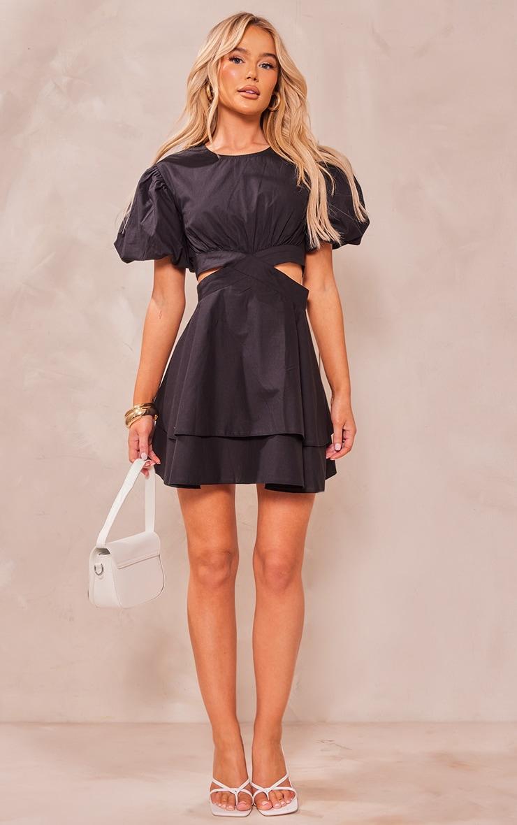 Black Puff Sleeve Cut Out Shift Dress Product Image