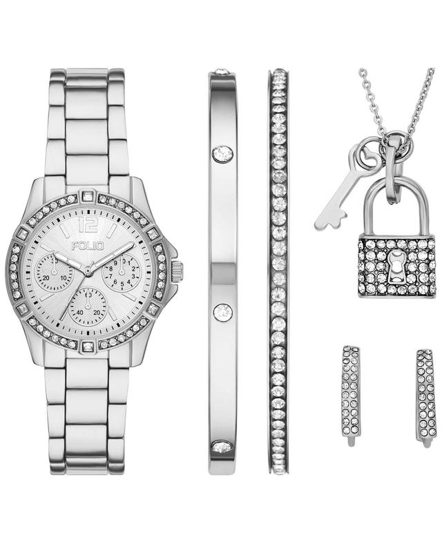 Folio Womens Three Hand Silver-Tone Alloy Watch 33mm Gift Set - Silver-Tone Product Image