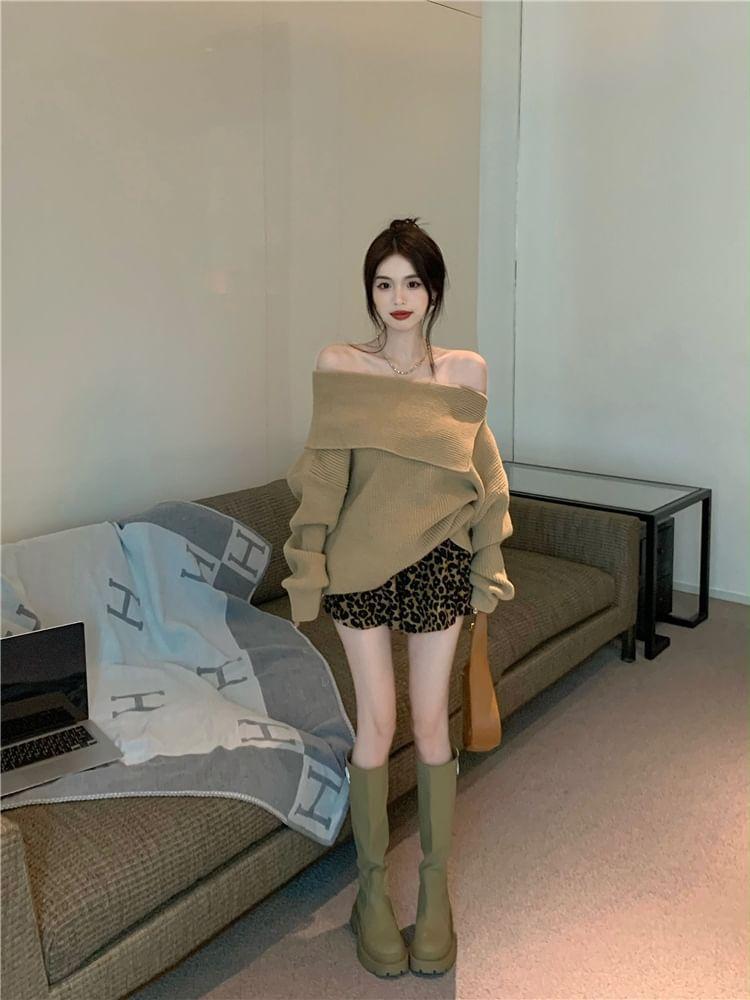 Off-Shoulder Plain Ribbed Oversized Sweater / Mid Rise Leopard Print Hot Pants Product Image