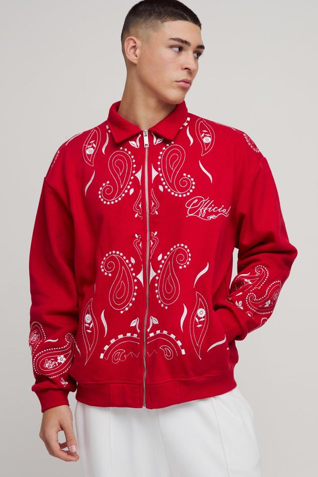 Oversized Embroidered Paisley Harrington Jacket | boohooMAN USA Product Image