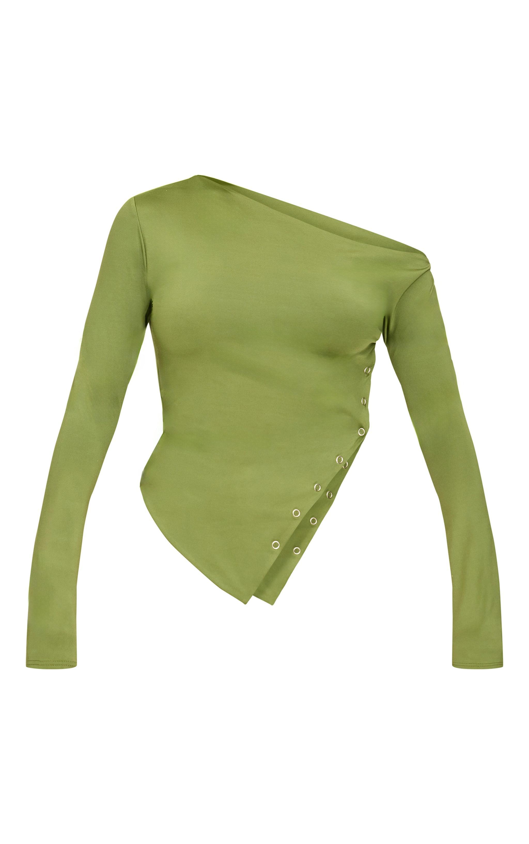 Olive Slinky Asymmetric Neck Popper Detail Long Sleeve Top Product Image