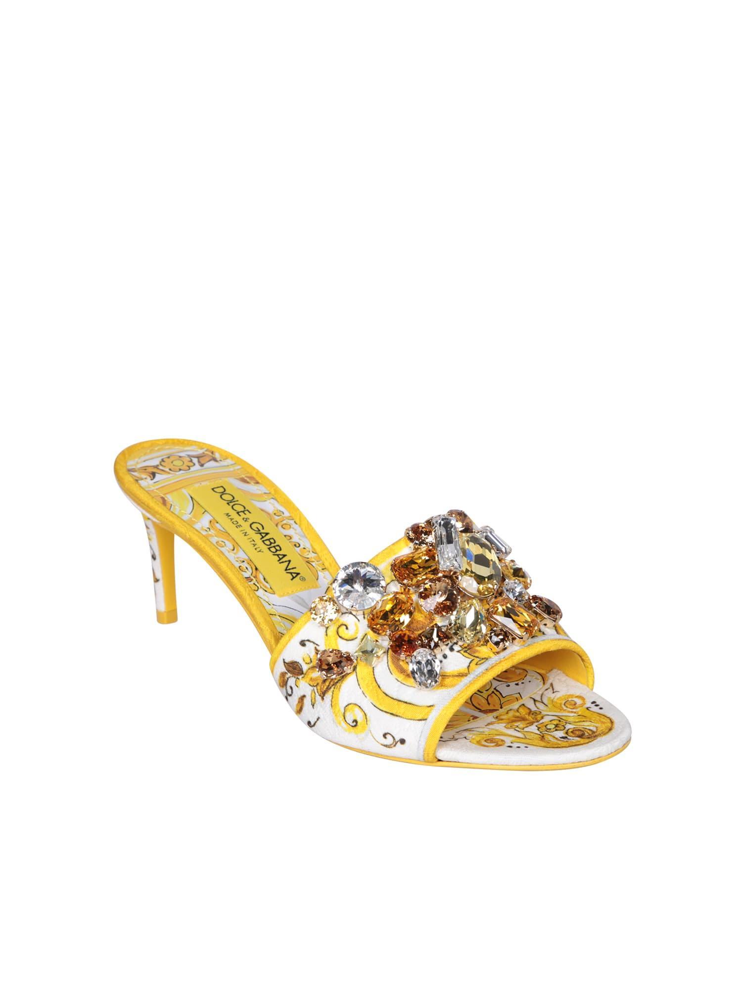 DOLCE & GABBANA Brocade Heel Yellow Sandals Product Image