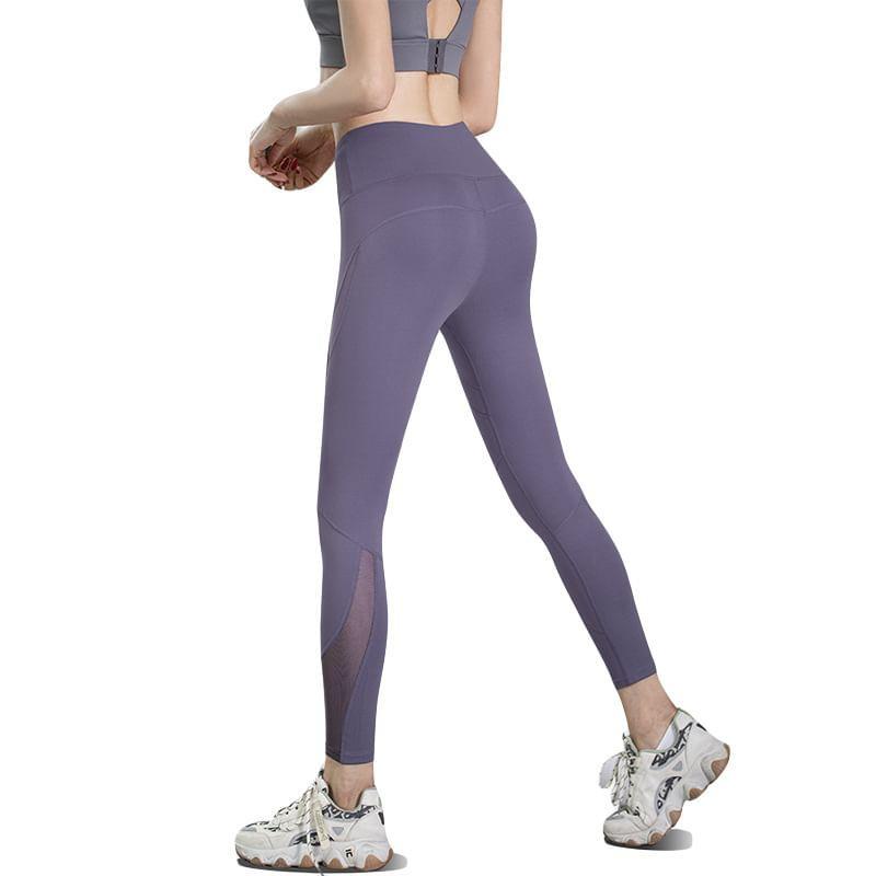 High Waist Plain Panel Mesh Yoga Pants Product Image